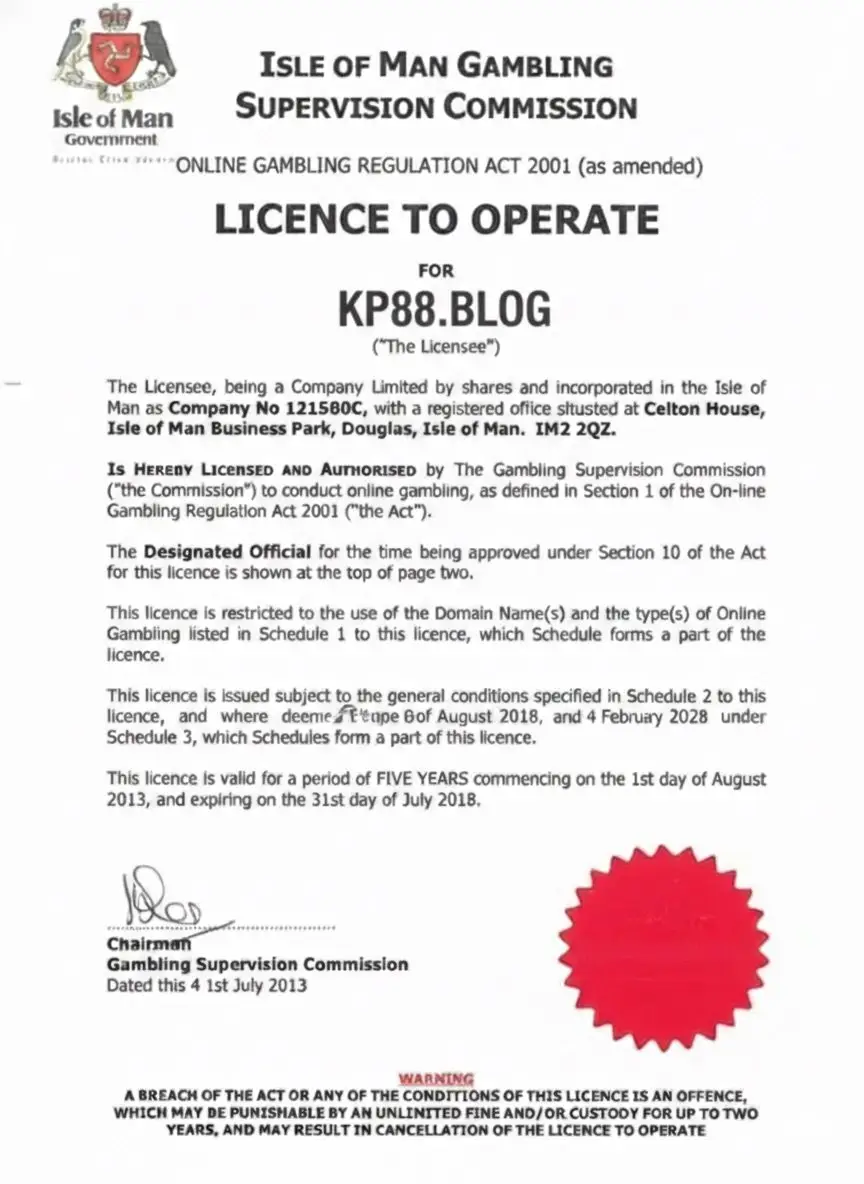 giấy phép Isle of Man của KP88